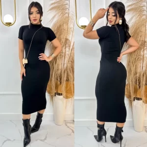 Vestido Longo Gola Alta Manga Curta Midi Anarruga